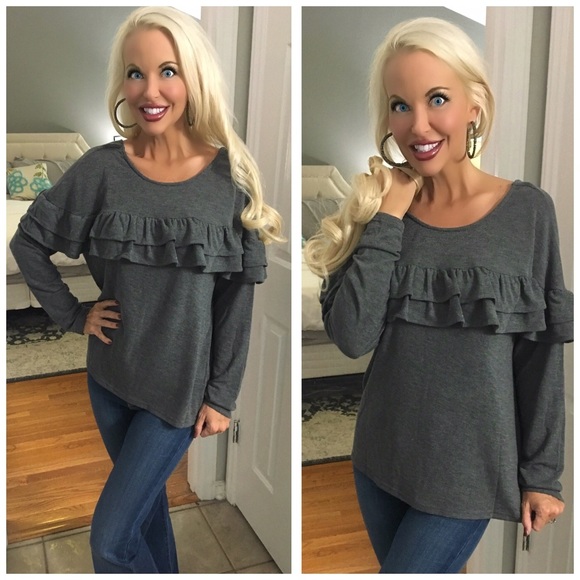 ❤️LAST 1! Charcoal Ruffle Sweater Top - Picture 2 of 2